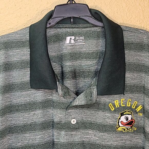 Oregon Ducks Polo Shirt Mens 3XL Green / Gray Stripe Russell Duck Logo - Picture 2 of 11
